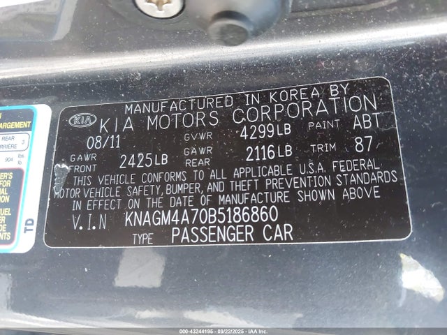 2011 Kia Optima Lx მანქანა იყიდება აუქციონზე, vin: KNAGM4A70B5186860, აუქციონის ნომერი: 43244195