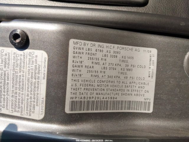 2009 PORSCHE CAYENNE WP1AB29P29LA45994 Photo 8