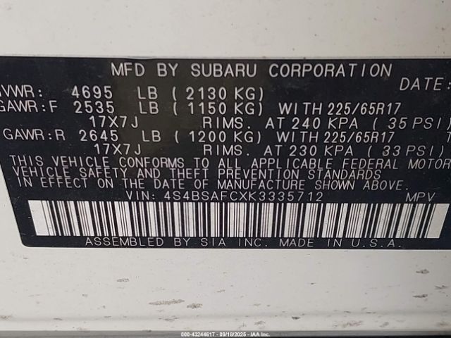 2019 SUBARU OUTBACK 4S4BSAFCXK3335712 Photo 8