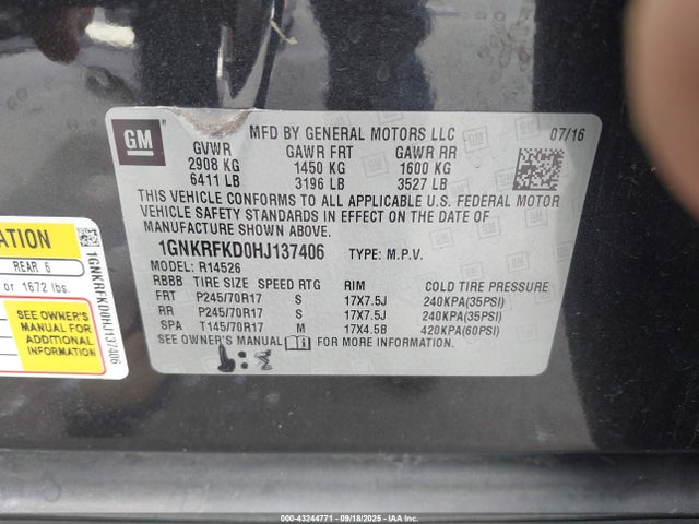 1GNKRFKD0HJ137406 Chevrolet llt - sidi: spark ignited direct injection, alum, 60 degrees