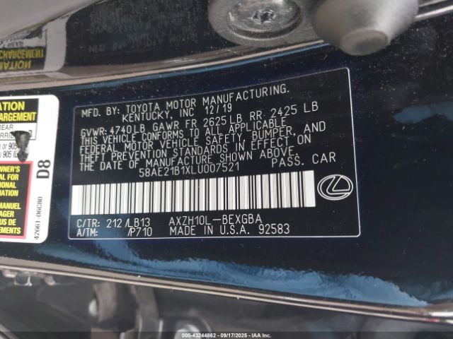 2020 LEXUS ES 300H 58AE21B1XLU007521 Photo 8