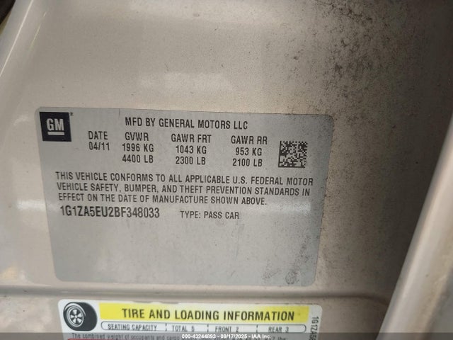 Продажа на аукционе авто 2011 Chevrolet Malibu Ls, vin: 1G1ZA5EU2BF348033, номер лота: 43244893