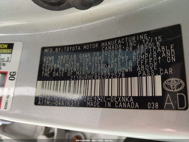 Aukcja sprzedaży 2016 Toyota Corolla Le, vin: 2T1BURHE8GC572578, numer aukcji: 43244960