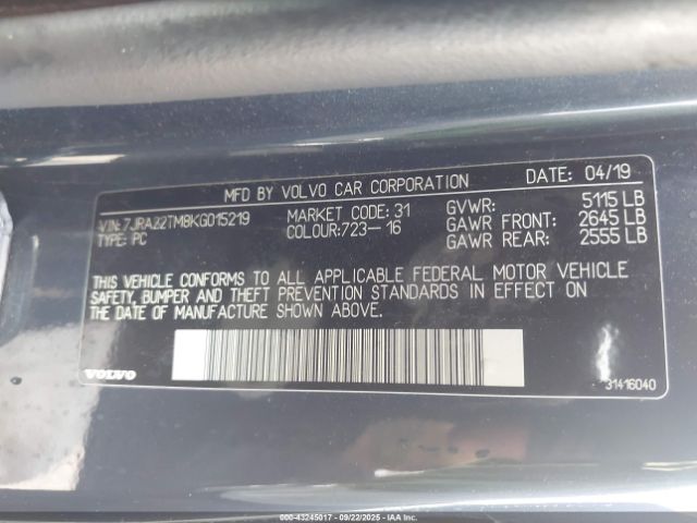 2019 VOLVO S60 7JRA22TM8KG015219 Photo 8