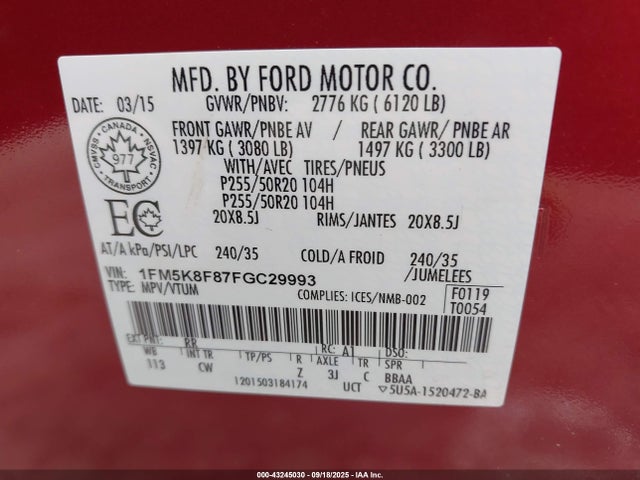 Ford Explorer Limited 2015 1FM5K8F87FGC29993 Image 9
