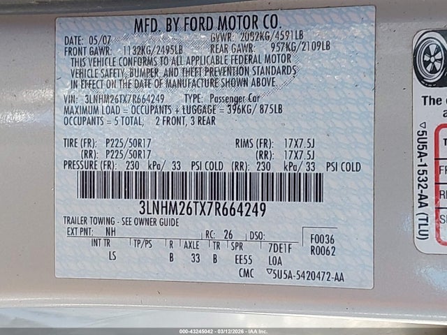 2007 LINCOLN MKZ 3LNHM26TX7R664249 Photo 8