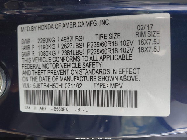 Acura j35z2 2017 5J8TB4H50HL031162 Image 9