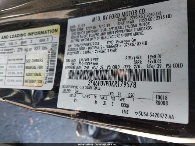 3FA6P0VP0KR179578 Ford Fusion
