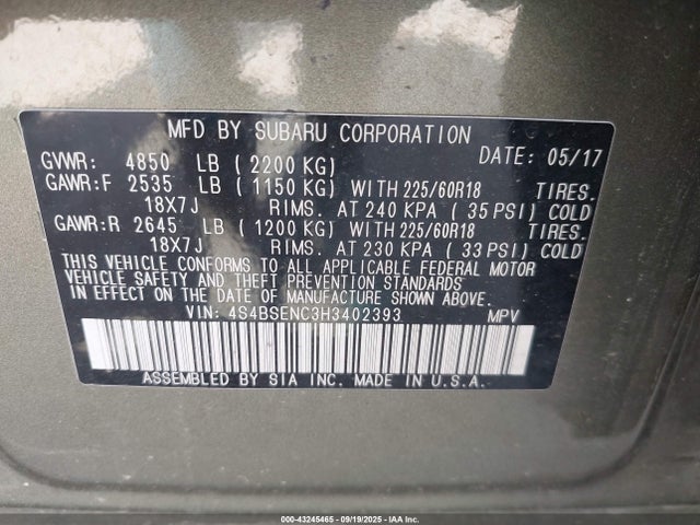 43245465 :رقم المزاد ، 4S4BSENC3H3402393 vin ، 2017 Subaru Outback 3.6r Limited مزاد بيع