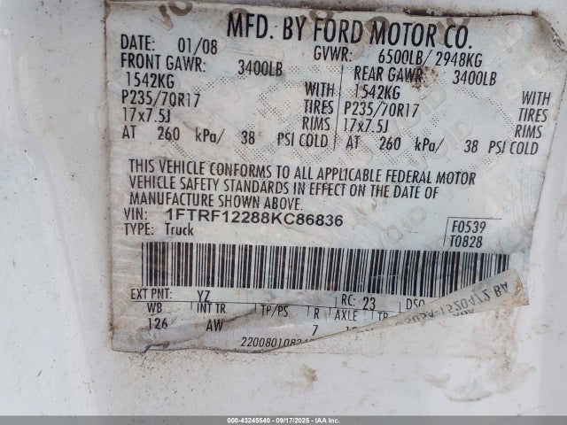 2008 Ford F-150 Stx/xl/xlt მანქანა იყიდება აუქციონზე, vin: 1FTRF12288KC86836, აუქციონის ნომერი: 43245540