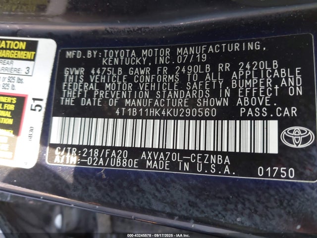 4T1B11HK4KU290560 Toyota CAMRY LE