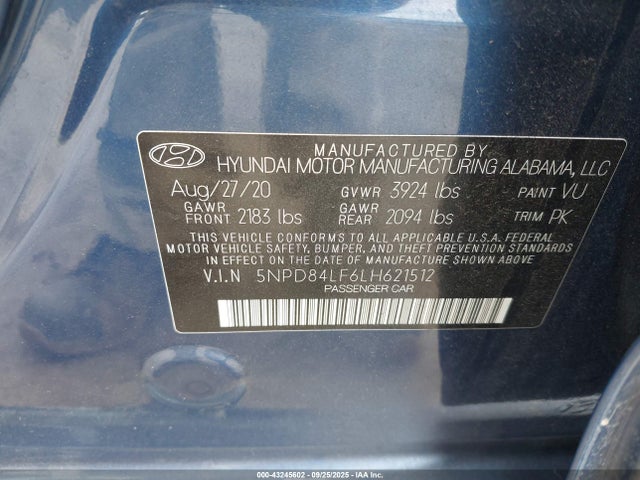 5NPD84LF6LH621512 Hyundai mpi nu