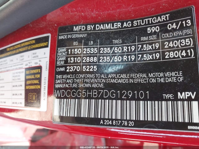 Aukcja sprzedaży 2013 Mercedes-benz Glk 350, vin: WDCGG5HB7DG129101, numer aukcji: 43245725