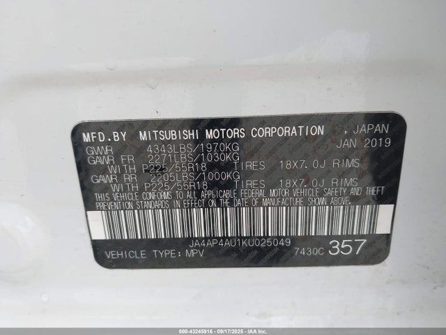 JA4AP4AU1KU025049 Mitsubishi mivec