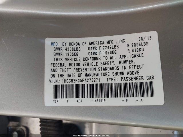 Honda k24w1 2015 1HGCR2F35FA275271 Image 9
