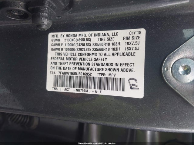 43246068 :رقم المزاد ، 7FARW1H85JE016952 vin ، 2018 Honda Cr-v Ex-l/ex-l Navi مزاد بيع