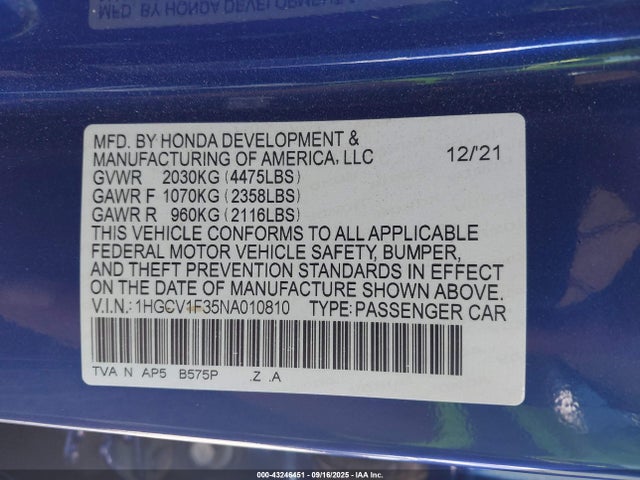 1HGCV1F35NA010810 Honda l15be