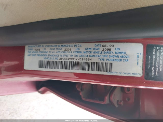 2000 Volkswagen Jetta Gls Vr6 მანქანა იყიდება აუქციონზე, vin: 3VWSE29M5YM024554, აუქციონის ნომერი: 43246499