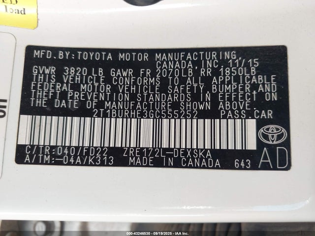 2T1BURHE3GC555252 Toyota 2zr-fe