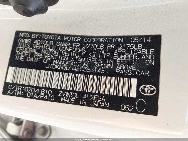 Toyota 2zr-fxe+3jm 2014 JTDKN3DU4E0383148 Image 9
