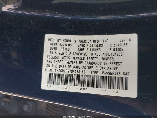 1HGCR2F57GA135189 Honda k24w1