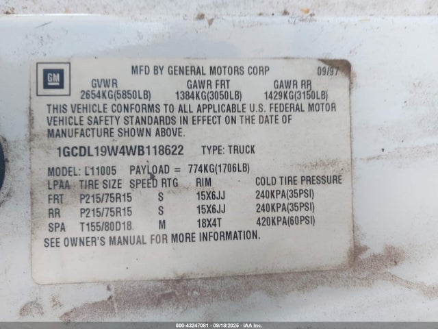 Продажа на аукционе авто 1998 Chevrolet Astro, vin: 1GCDL19W4WB118622, номер лота: 43247081