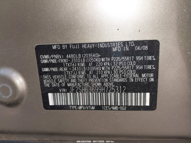 43247086 :رقم المزاد ، JF2SH63699H725312 vin ، 2009 Subaru Forester 2.5x مزاد بيع