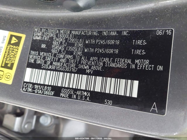 5TDJKRFH5GS303167 Toyota 2gr-fe