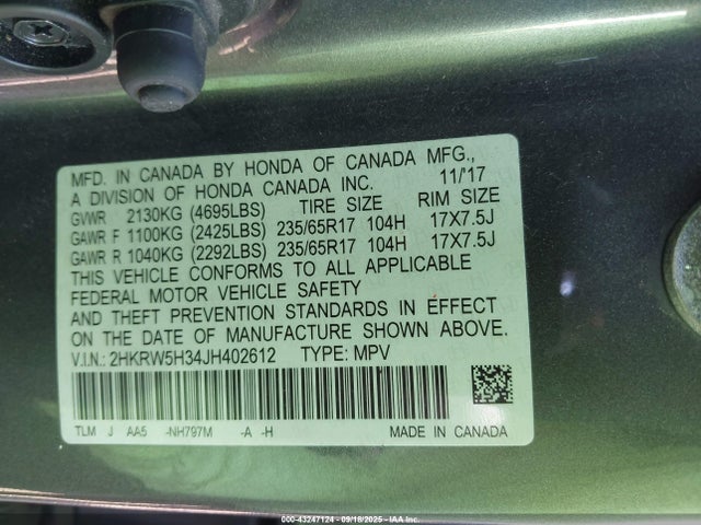 43247124 :رقم المزاد ، 2HKRW5H34JH402612 vin ، 2018 Honda Cr-v Lx مزاد بيع