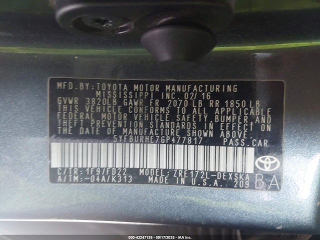 5YFBURHE7GP477817 Toyota 2zr-fe
