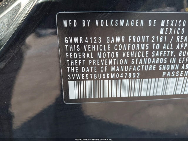 2019 Volkswagen Jetta 1.4t Sel მანქანა იყიდება აუქციონზე, vin: 3VWE57BU9KM047802, აუქციონის ნომერი: 43247138