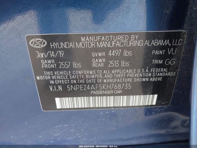 5NPE24AF5KH768735 Hyundai gdi theta-ii