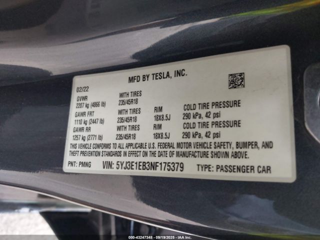 2022 TESLA MODEL 3 5YJ3E1EB3NF175379 Photo 8