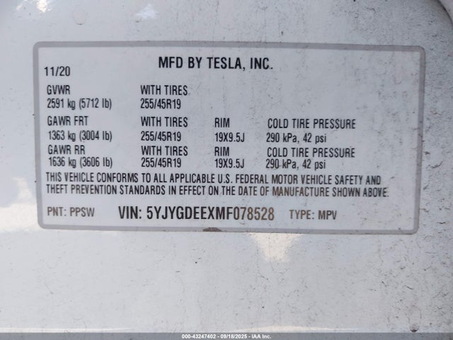 2021 TESLA MODEL Y 5YJYGDEEXMF078528 Photo 8