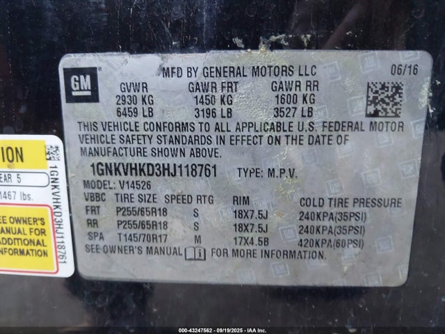 1GNKVHKD3HJ118761 Chevrolet llt - sidi: spark ignited direct injection, alum, 60 degrees