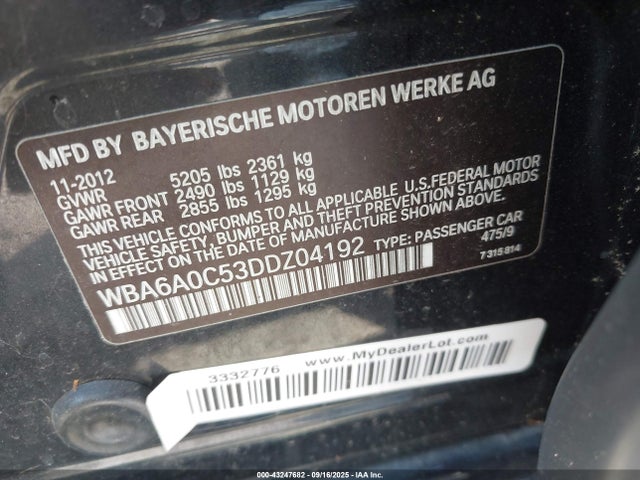 Aukcja sprzedaży 2013 Bmw 640i Gran Coupe, vin: WBA6A0C53DDZ04192, numer aukcji: 43247682