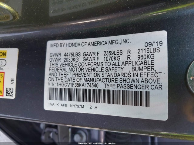 1HGCV1F35KA174540 Honda l15be