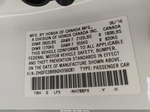 Honda l15b7 2016 2HGFC3B99GH356081 Image 9