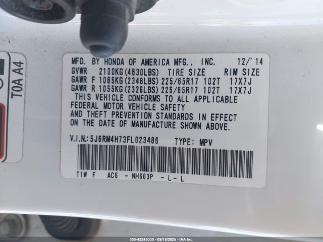 Honda k24w9 2015 5J6RM4H73FL023486 Image 9