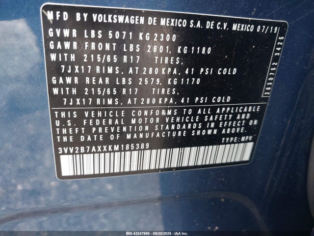 Aukcja sprzedaży 2019 Volkswagen Tiguan 2.0t Se/2.0t Sel/2.0t Sel R-line/2.0t Sel R-line Black, vin: 3VV2B7AXXKM185389, numer aukcji: 43247998