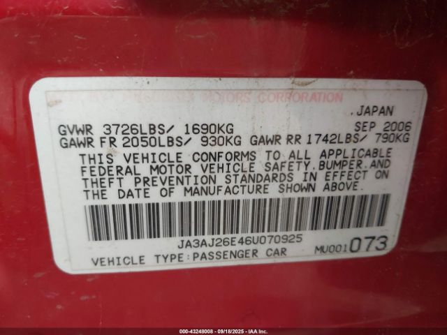 2006 MITSUBISHI LANCER JA3AJ26E46U070925 Photo 8