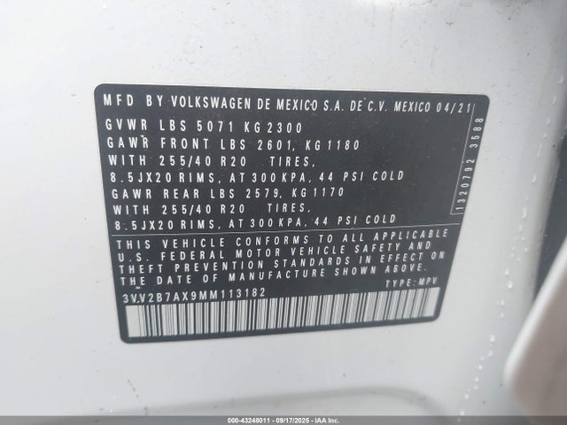 2021 Volkswagen Tiguan 2.0t Se/2.0t Se R-line Black/2.0t Sel მანქანა იყიდება აუქციონზე, vin: 3VV2B7AX9MM113182, აუქციონის ნომერი: 43248011
