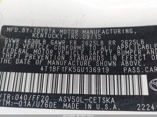 Toyota 2ar-fe 2016 4T1BF1FK5GU136919 Image 9