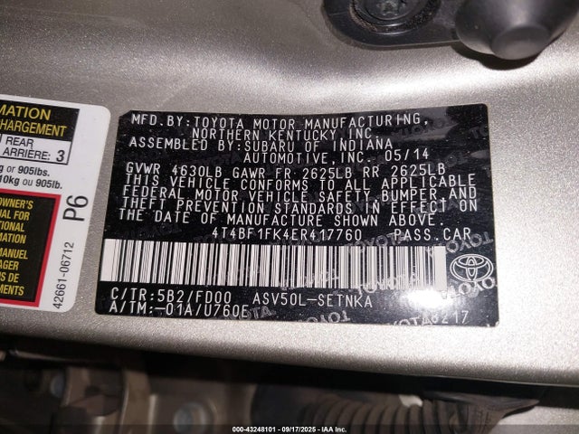 4T4BF1FK4ER417760 Toyota 2ar-fe