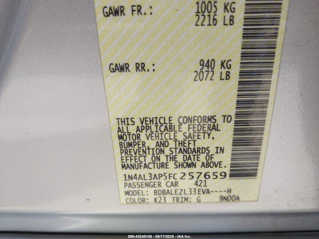 Nissan Altima 2015 1N4AL3AP5FC257659 Image 9