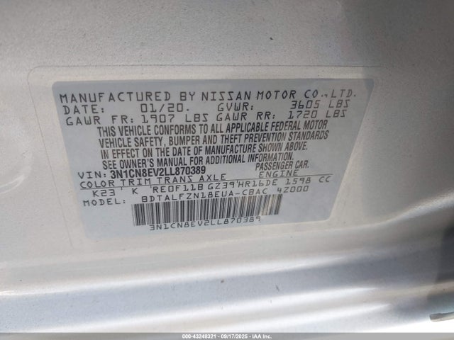 3N1CN8EV2LL870389 Nissan 2020
