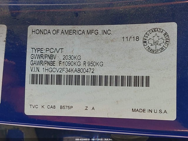 1HGCV2F34KA800472 Honda Accord Sport 2.0t