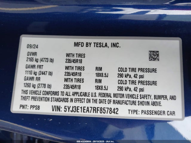 2024 TESLA MODEL 3 5YJ3E1EA7RF857842 Photo 8