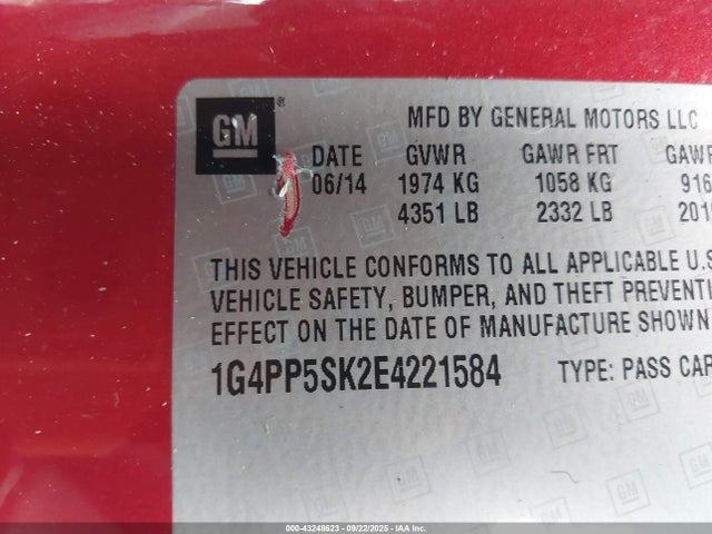 43248623 :رقم المزاد ، 1G4PP5SK2E4221584 vin ، 2014 Buick Verano مزاد بيع