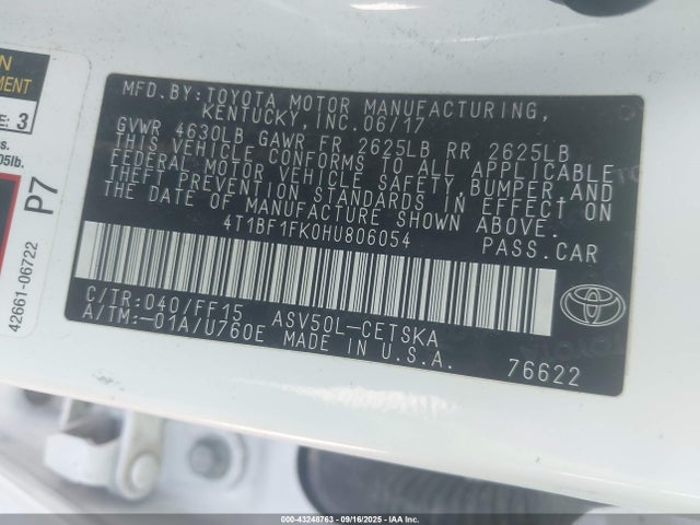 4T1BF1FK0HU806054 Toyota 2ar-fe